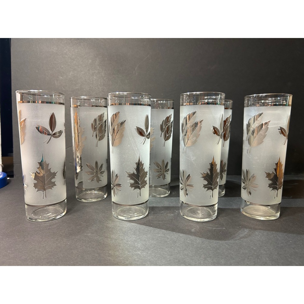 Vintage Libbey Frosted Silver Leaf Highball Glasses Set of 8 Mid Century Modern - Picture 2 of 5